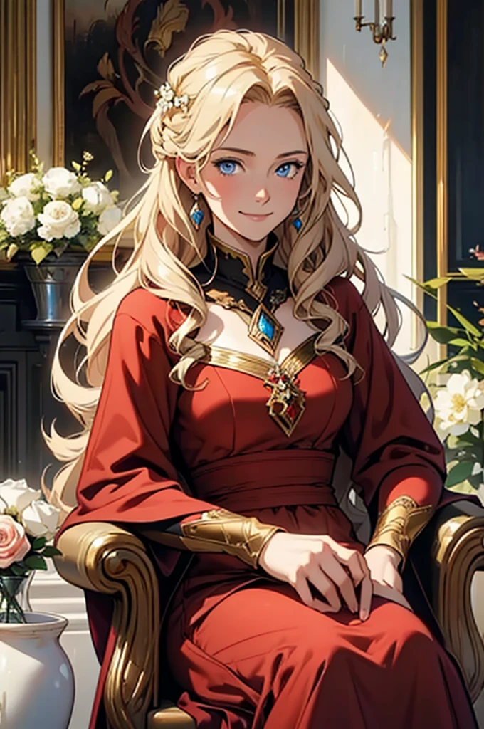 30 year old woman, with defined facial features, shy smile, long curly hair, pale gold color, blue eyes, wearing a dark red medieval nobility dress, sitting in a brown armchair, oil painting, above a fireplace, vases with white flowers