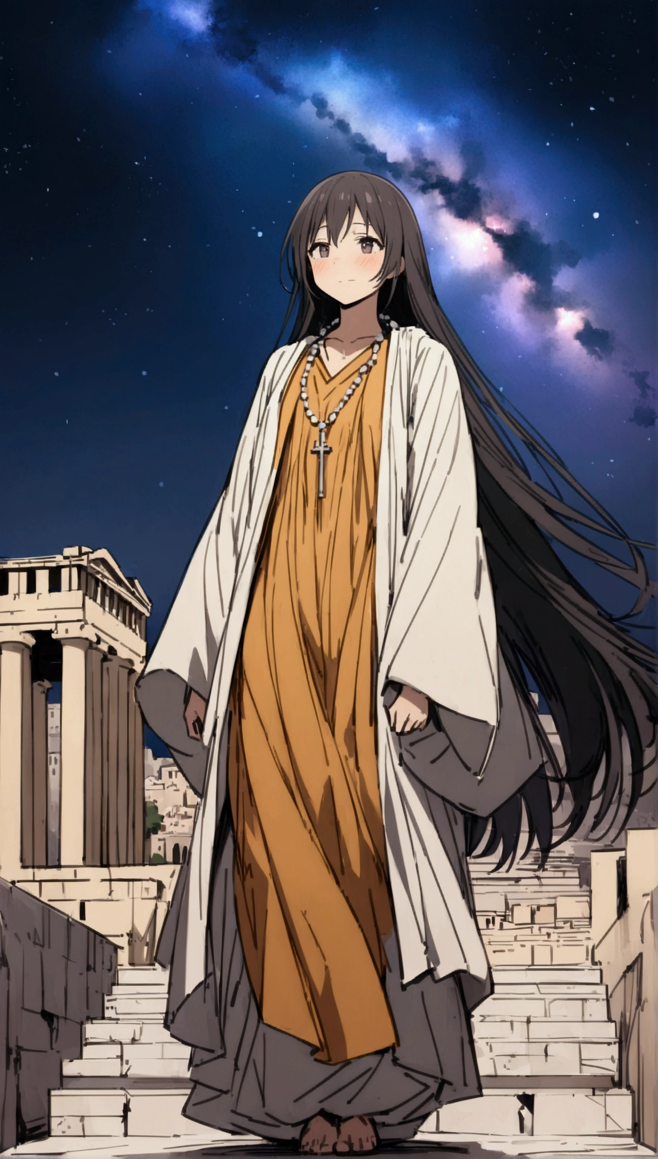 Sasha,Sadhu robe,rosary beads around neck,Solitary,Looking at the audience,A faint smile,faint blush,whole body, Super Detail, Greek Acropolis, Night sky with nebula, {best quality}, {{masterpiece}}, {high resolution}, Extremely meticulous girl, Solitary,(Detailed background)