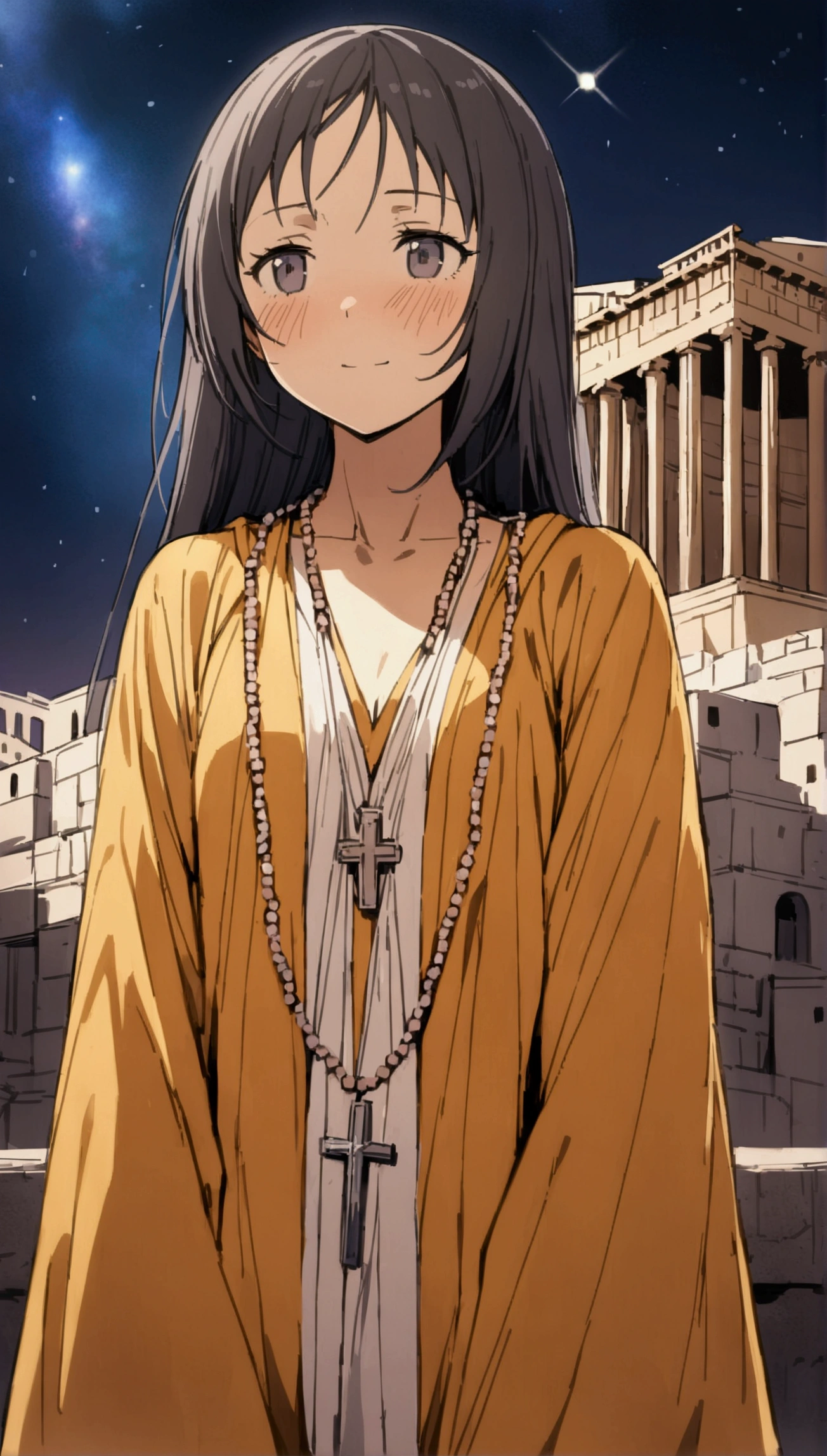 Sasha,Sadhu robe,rosary beads around neck,Solitary,Looking at the audience,A faint smile,faint blush,whole body, Super Detail, Greek Acropolis, Night sky with nebula, {best quality}, {{masterpiece}}, {high resolution}, Extremely meticulous girl, Solitary,(Detailed background)