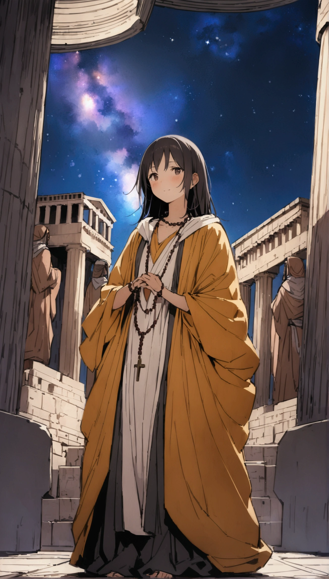 Sasha,Sadhu robe,rosary beads around neck,Solitary,Looking at the audience,A faint smile,faint blush,whole body, Super Detail, Greek Acropolis, Night sky with nebula, {best quality}, {{masterpiece}}, {high resolution}, Extremely meticulous girl, Solitary,(Detailed background)