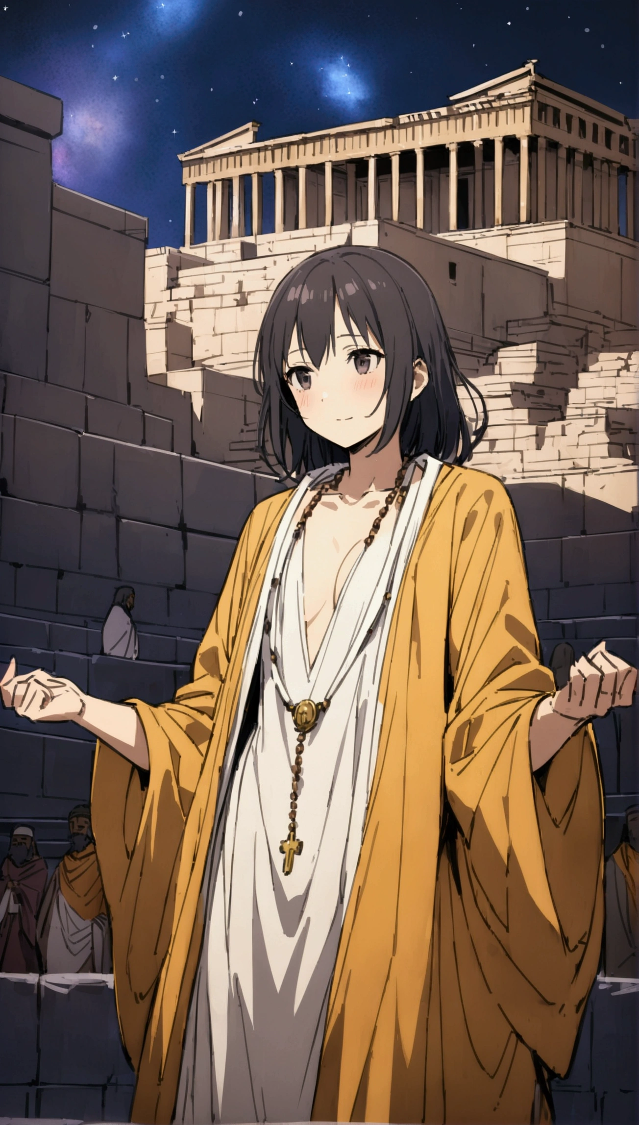 Sasha,Sadhu robe,rosary beads around neck,Solitary,Looking at the audience,A faint smile,faint blush,whole body, Super Detail, Greek Acropolis, Night sky with nebula, {best quality}, {{masterpiece}}, {high resolution}, Extremely meticulous girl, Solitary,(Detailed background)