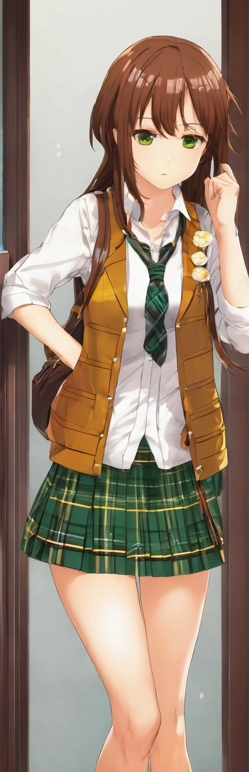 (work of art, best qualityer:1.2), 1 girl, standing alone,standing_to divide,
Mikan Yuuki, eyes browns, chestnut hair, hair ornament,long hair,green plaid skirt, Sainan , , white shirt, yellow vest,witheout panties