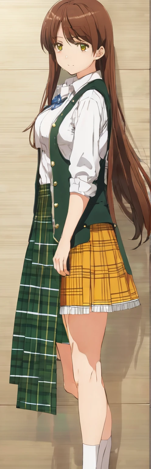 (work of art, best qualityer:1.2), 1 girl, standing alone,standing_to divide, 
Mikan Yuuki, eyes browns, chestnut hair, hair ornament,long hair,green plaid skirt, Sainan , , white  shirt, yellow vest,witheout panties

