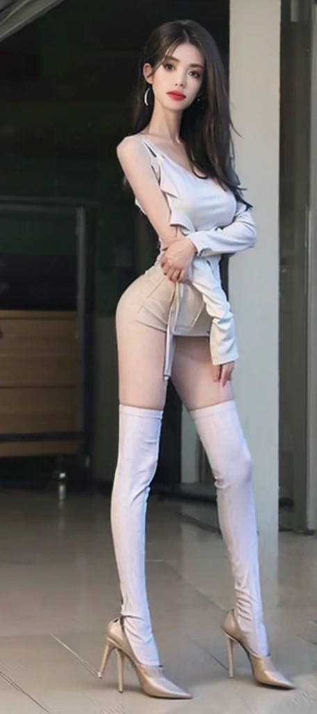 A very beautiful skinny naked milf very thin arms ,very huge breasts, very thin long skinny legs with thigh socks and very thin waist, show full body from head to foot) sexy pose (detailed ) (masterpiece) (facial features) beutiful face standing in seductive pose