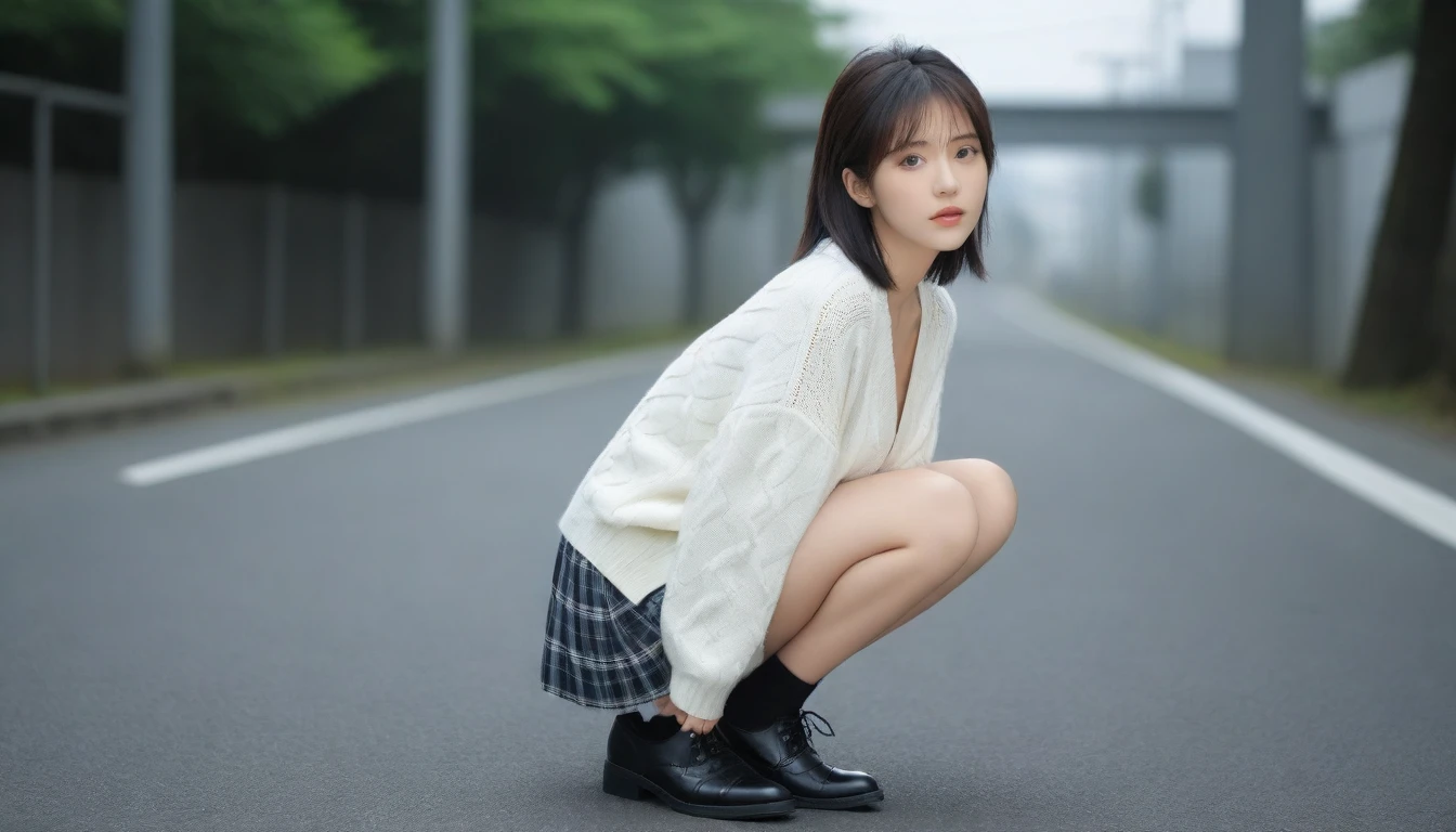 8K, Ultra-high resolution, Highest quality, masterpiece, 三分割法によるphotograph,Surreal, photograph, 1 Girl, (16 years old:1.3), pretty girl, Cute face, Beautiful eyes in every detail, 細かくdetailedに,masterpiece,One Girl:1.2, Japan Female Announcer,whole body,from below,Fearful expression,Black Hair,Messy hair,Cyber city of the near future,Wearing a cardigan sweater on your back、Girl crouching in the middle of the road, Plaid pencil skirt, High socks and black shoes,Beautiful leg line beauty,Realistic Skin, Perfect and beautiful face ,完璧でCute face, Skin with attention to detail, Perfect limbs、Narrow waist、Thin legs),Looking at the audience、beauty,Long neck、(((Ideal body type))),A cup small breasts :2,Portraiture:2,Perfect Anatomy,鮮明なdetailed,detailed,Surreal,Light and shadow,darkness