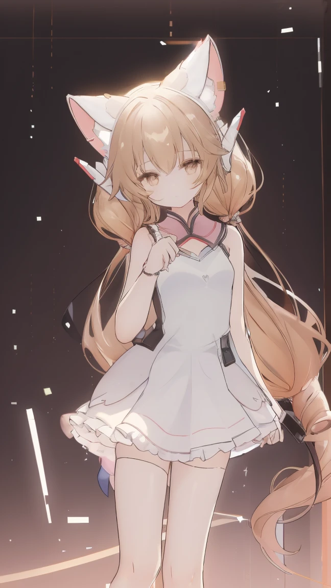 1 girl, solitary, Long hair, Chest, Looking at the audience, Bangs, Brown hair, High Leg Raise, skirt, Animal ears, Brown eyes, sit, Residence, whole body, Ruffles, sleeveless, exist室内, Cat ears, white skirt, Fuzzy, white High Leg Raise, Lips, Pillow, ground, Fuzzy background, fake Animal ears, on ground, Changes through, Plush Toys, exist, Practical, groundroom