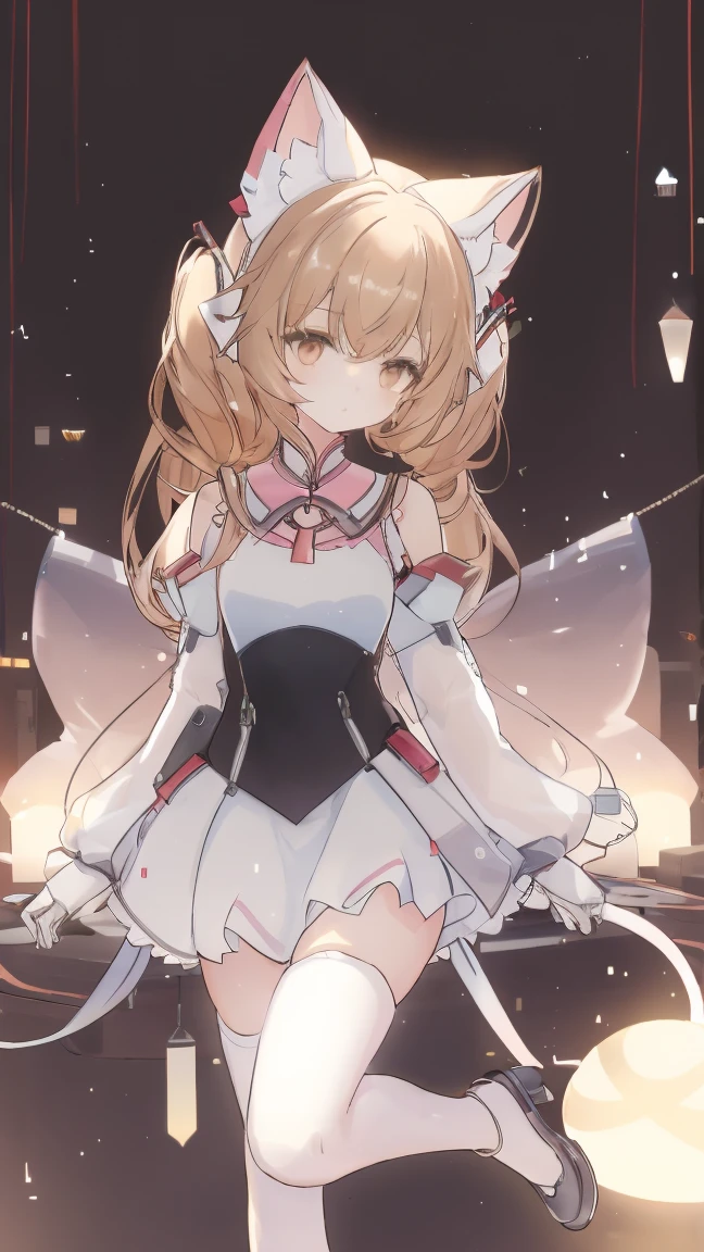 1 girl, solitary, Long hair, Chest, Looking at the audience, Bangs, Brown hair, High Leg Raise, skirt, Animal ears, Brown eyes, sit, Residence, whole body, Ruffles, sleeveless, exist室内, Cat ears, white skirt, Fuzzy, white High Leg Raise, Lips, Pillow, ground, Fuzzy background, fake Animal ears, on ground, Changes through, Plush Toys, exist, Practical, groundroom