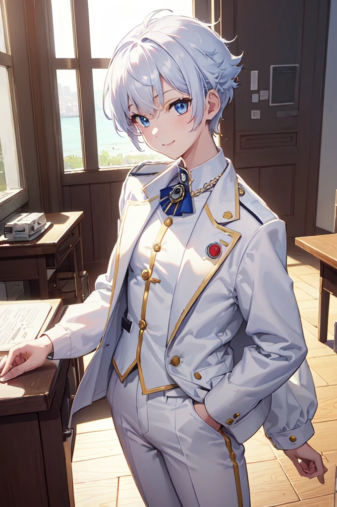 masterpiece, top quality, best quality, official art, beautiful and aesthetic:1.2), (8k, best quality, masterpiece:1.2), (((masterpiece))), (((best quality))), (((extremely detailed))), illustration, who, (masterpiece, top quality, best quality, official art, beautiful and aesthetic:1.2), (8k, best quality, masterpiece:1.2), 1girl, classroom, standing, detailed eyes, blue eyes, white , (((white jacket))), white vest, (((marine jacket with small medals))), necktie, well dressed, anime trap, tomboy, rat tail, (((white dress pants))), white and blue hair, frizzy hair, short hair, smile, full body, classroom, confident, silly, 5’8, tone body