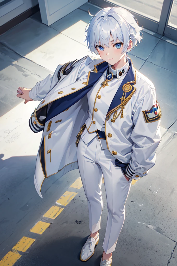 masterpiece, top quality, best quality, official art, beautiful and aesthetic:1.2), (8k, best quality, masterpiece:1.2), (((masterpiece))), (((best quality))), (((extremely detailed))), illustration, who, (masterpiece, top quality, best quality, official art, beautiful and aesthetic:1.2), (8k, best quality, masterpiece:1.2), 1girl, classroom, standing, detailed eyes, blue eyes, white , (((white jacket))), white vest, (((marine jacket with small medals))), necktie, well dressed, anime trap, tomboy, rat tail, (((white dress pants))), white and blue hair, frizzy hair, short hair, smile, full body, classroom, confident, silly, 5’8, tone body
