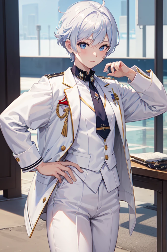 masterpiece, top quality, best quality, official art, beautiful and aesthetic:1.2), (8k, best quality, masterpiece:1.2), (((masterpiece))), (((best quality))), (((extremely detailed))), illustration, who, (masterpiece, top quality, best quality, official art, beautiful and aesthetic:1.2), (8k, best quality, masterpiece:1.2), 1girl, classroom, standing, detailed eyes, blue eyes, white , (((white jacket))), white vest, (((marine jacket with small medals))), necktie, well dressed, anime trap, tomboy, rat tail, (((white dress pants))), white and blue hair, frizzy hair, short hair, smile, full body, classroom, confident, silly, 5’8, tone body