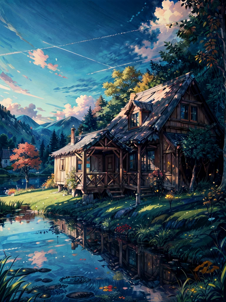 a hut surrounded by trees, line art, pretty sky, cart, shadow, shade, fall season, ghibli style, flowers, stone, lake, reflection, no humans, scenery, outdoors, sky, cloud, building, sign, house, window, plant, cloudy sky, bush, sunset, masterpiece, high resolution 