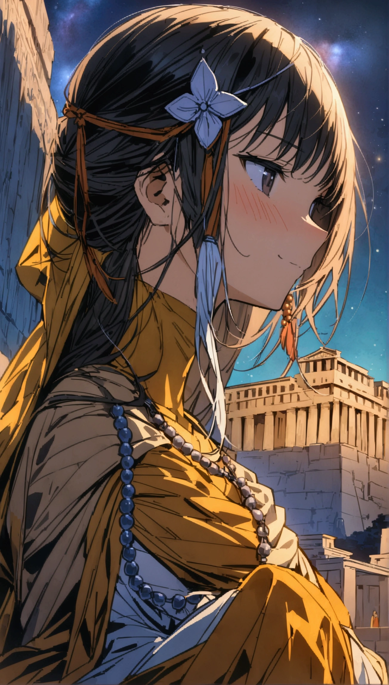 Sasha,Sadhu robe,rosary beads around neck,Solitary,Looking at the audience,A faint smile,faint blush,whole body, Super Detail, Greek Acropolis, Night sky with nebula, {best quality}, {{masterpiece}}, {high resolution}, Extremely meticulous girl, Solitary,(Detailed background)