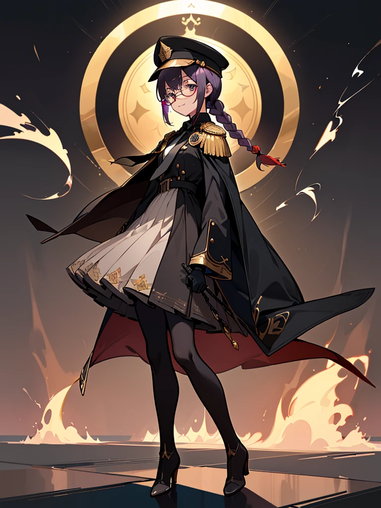 realisitic, City Deserted, Pile of rubble, Brick building, a one woman (18 years old, far away blackw hair, far away slits, Eyes red, glare eyes, 精致的面容, standing (In floor, feet shoulder-width apart), Lolita style military uniform (blackw base, Red Insert, golden decoration, volantes, wide sleeves, dainty and delicate detailing armors), blackw far away gloves (blackw, Red Insert, golden decoration, small hands, armors), blackw far away gloves, knee high boots (blackw, high-heels, red soles), ha (blackw, aba dourada, shield emblem, delicate details), arms in front, Front of belly, Holding military swords with both hands (blackw, golden decoration, delicate detail, Handle at the top, Ground-facing blade, in front of the body, far away), night sky (blackw, stele, Increased flames and smoke) Pale painting style, One Girl, super high quality, Super Detail, Super Detailed image, long hair, looking at viewer, skirt, shirt, hair ornament, violet eyes, gloves, round glasses, long sleeves, hat, closed mouth, jacket, violet hair, braid, open clothes, necktie, black gloves, black skirt, uniform, single braid, open jacket, black jacket, black headwear, 手链, peaked cap, black necktie, cropped jacket, military hat, pantyhose, Flat Chest, smile, Black Cape
