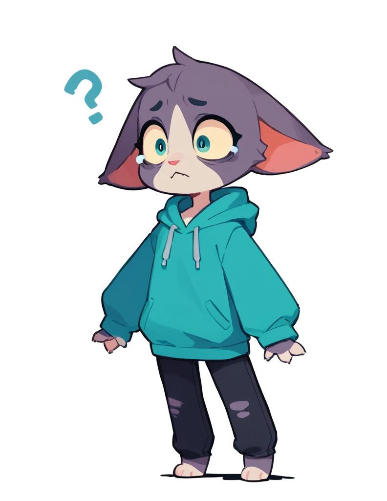 The Q version of the cute furry cat, confused expression, scared, floppy ear, cute, white background, hoodie, full body