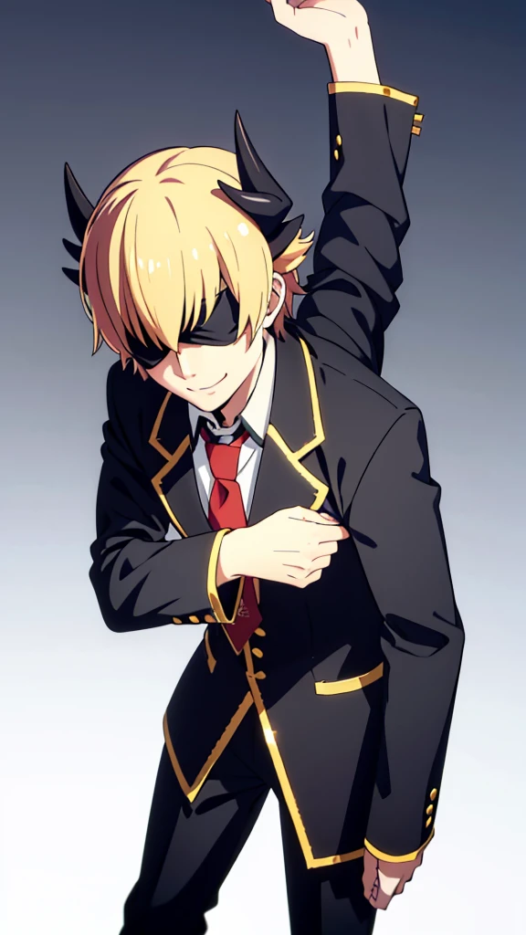 1boy,18s,short hair,blonde hair,smile,solo,(no background, simple background),red necktie,black jacket, blazer,long sleeves,pants,horns,black Blindfold