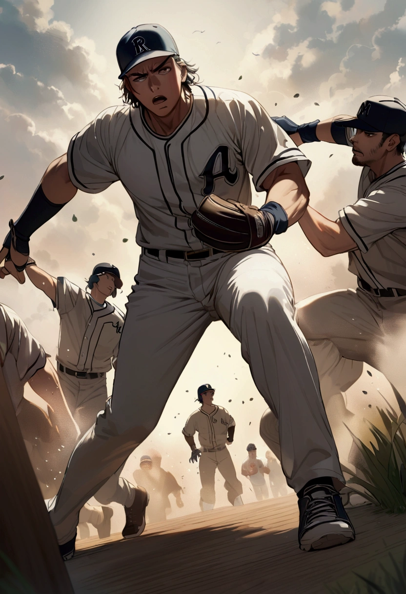 The moment when the big breasted pitcher of baseball is pitching a baseball ball, full body shot