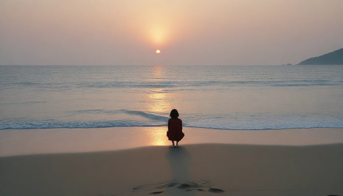 8K, Vivid picture quality, long deserted beach, Watching the sunrise from afar, short medium hair woman, red light of sunrise, alone, afternoon, depressed, tide가 밀려온다, ocean, tide, wind, short korean girl, 잔잔한 tide,