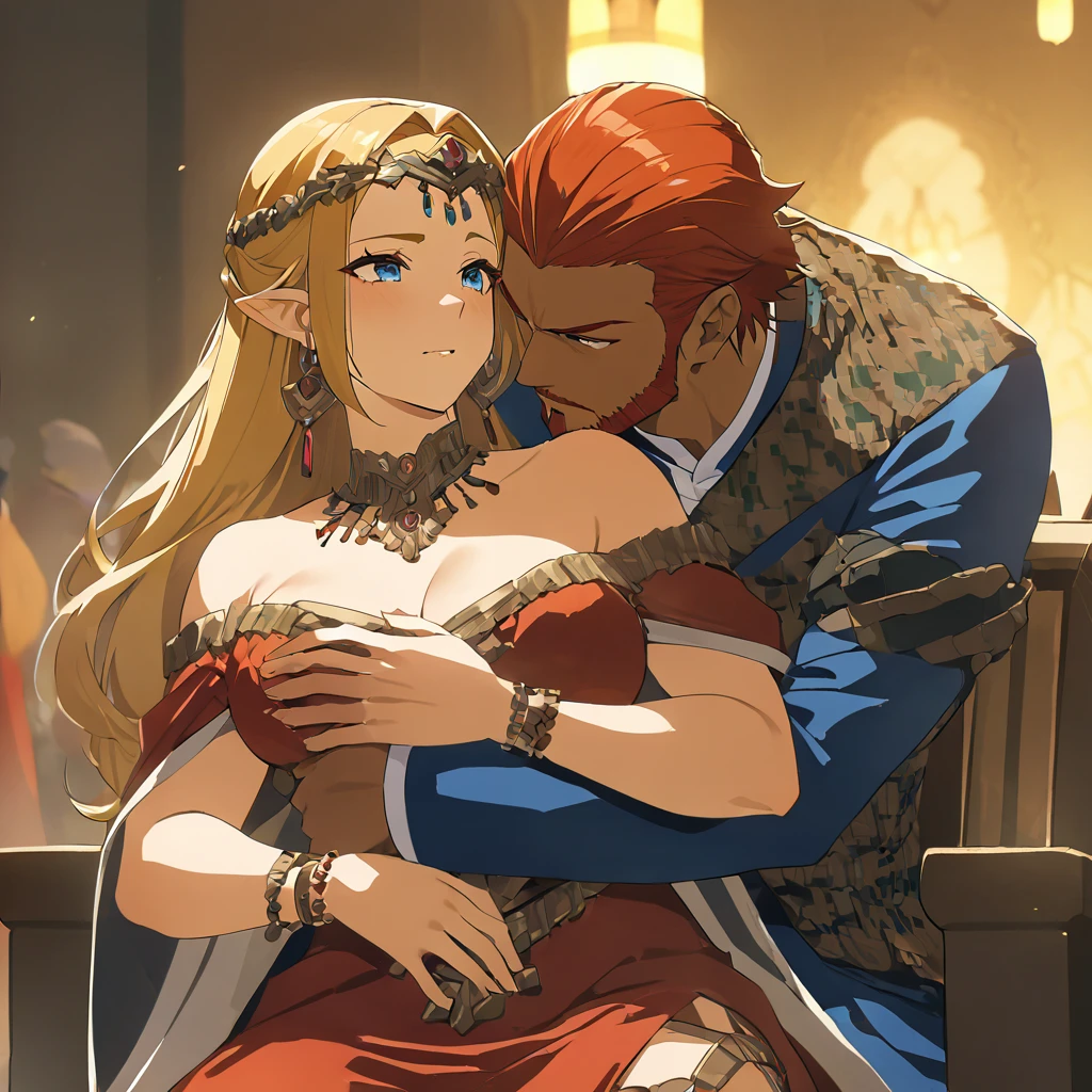 ((Highest quality)), ((masterpiece)), (detailed), (Perfect Face)、The woman is Queen Zelda of the Gerudo tribe, she has blonde hair, blue eyes, wears the gorgeous dress of the Gerudo queen, and loves the man dearly.、The man is a dignified, middle-aged man of the Gerudo tribe, bearded, muscular, red-haired, dark-skinned King Ganondorf, king of the Gerudo tribe, dressed in the luxurious clothing of the Gerudo king, and loving women.、A man and woman are kissing close together on the luxurious throne of the Gerudo royal family.、A queen and a king in love、The woman is holding a baby