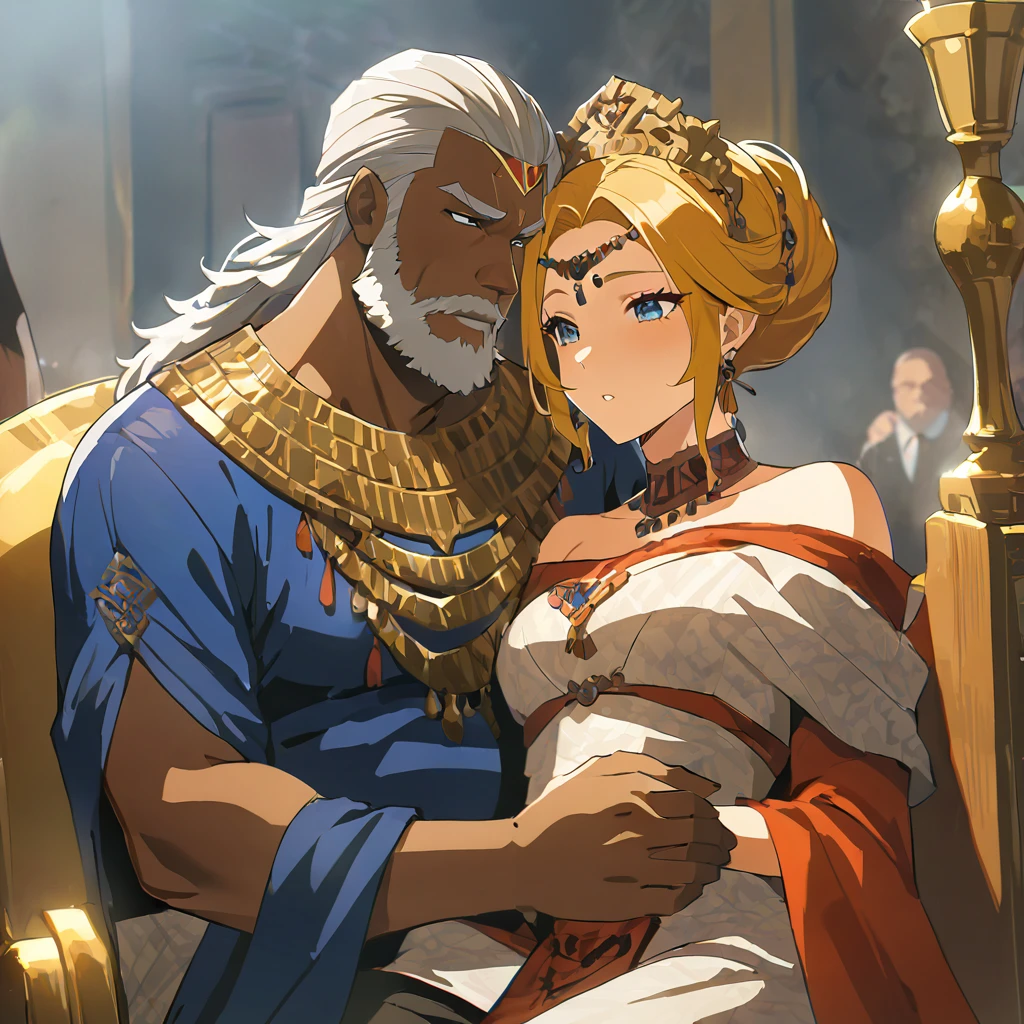 ((Highest quality)), ((masterpiece)), (detailed), （Perfect Face）、The woman is Queen Zelda of the Gerudo tribe, she has blonde hair, blue eyes, wears the gorgeous dress of the Gerudo queen, and loves the man dearly.、The man is a dignified, middle-aged man of the Gerudo tribe, bearded, muscular, red-haired, dark-skinned King Ganondorf, king of the Gerudo tribe, dressed in the luxurious clothing of the Gerudo king, and loving women.、A man and woman are kissing close together on the luxurious throne of the Gerudo royal family.、A queen and a king in love、The woman is holding a baby