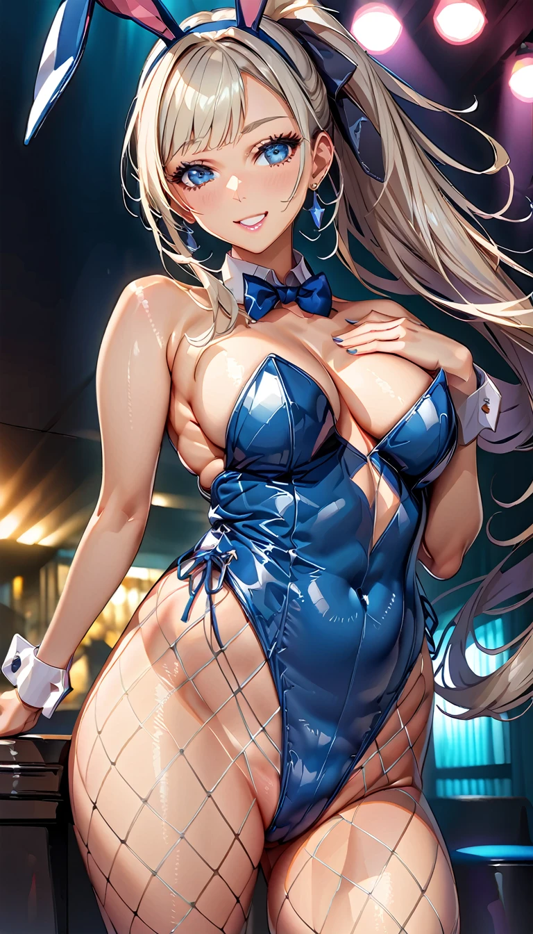 (Highest quality:1.2, High detail, masterpiece:1.2, Best aesthetics), (1 Girl), Cowboy Shot, ((Playboy Bunny, Fishnet tights:1.2, Bunny ears, ハイレグ leotard, 白leotard:1.1, leotard)), (Silver Hair, ponytail, Asymmetrical bangs, Bright Blue Eyes), Beautiful attention to detail, Beautiful lip detail, Highly detailed face, Detailed Fashion, elegant, luxury, High quality fabric, Shine, Shine, smile, Random Pause, Dutch Angle, bar, Nightclub, night, Dramatic lighting, Cinematic, Bright colors, Intricate details, Chiaroscuro lighting.