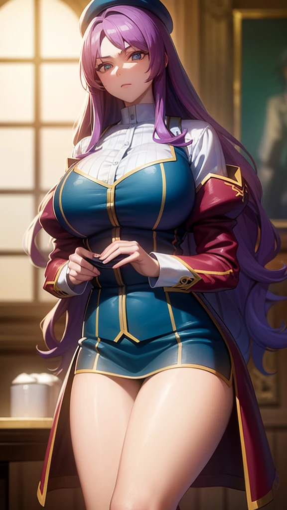 a masterpiece photo of 2 beautiful plump violet-haired girls with long curly hair, cyan haired girls, different hair colors, matching hairstyles, hazel eyes, big And round bust, matching uniforms, serious, flat color, same height, organized pose, matching beret, best quality, 4k, 8k, highres, masterpiece:1.2, ultra-detailed, realistic, photorealistic, photo-realistic:1.37, HDR, UHD, studio lighting, ultra-fine painting, sharp focus, physically-based rendering, extreme detail description, professional, vivid colors, bokeh