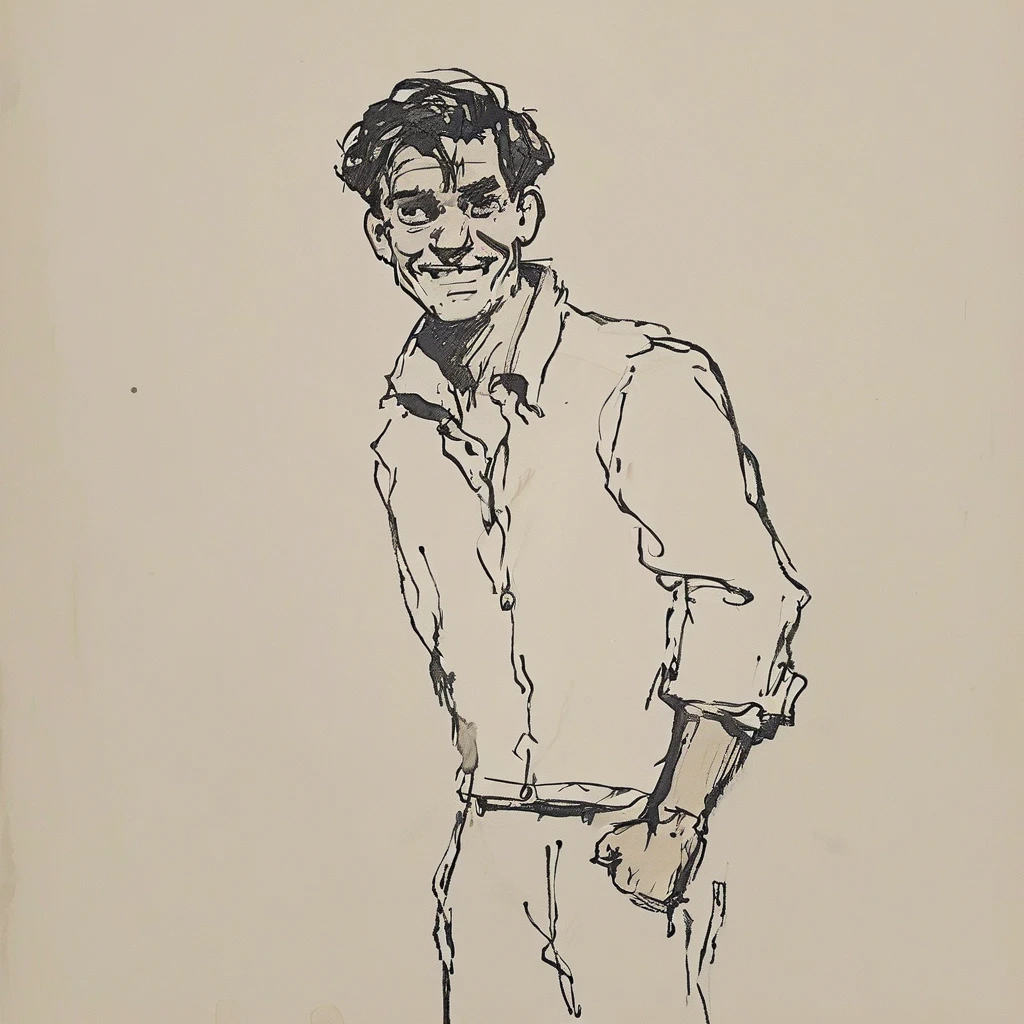 full body drawing of a man in white shirt, smiling, scared.