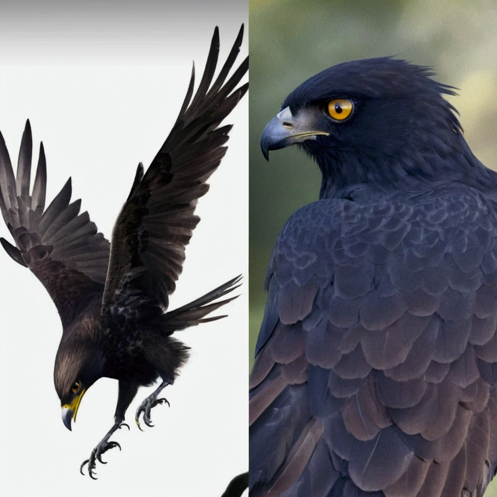 Place the head of the bird that has yellow eyes and the beak of a bird of prey on the bird that is flying with its wings open on the left., the bird that is in full body flying should be with the head of the image that is on the right ,bird of prey beak and round yellow eyes. It must be proportionate and realistic 