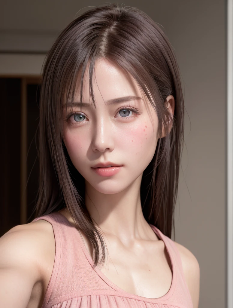 8K, Best Quality, masutepiece, Ultra High Resolution, (Realism: 1.4), Original photo, (Realistic skin texture: 1.3), (Film grain: 1.3), (Selfie angle), 1 girl, Pink clothes, Sapphire eyes and beautiful facial details, masutepiece, Best Quality, close-up, Upper body top quality image quality pull-up