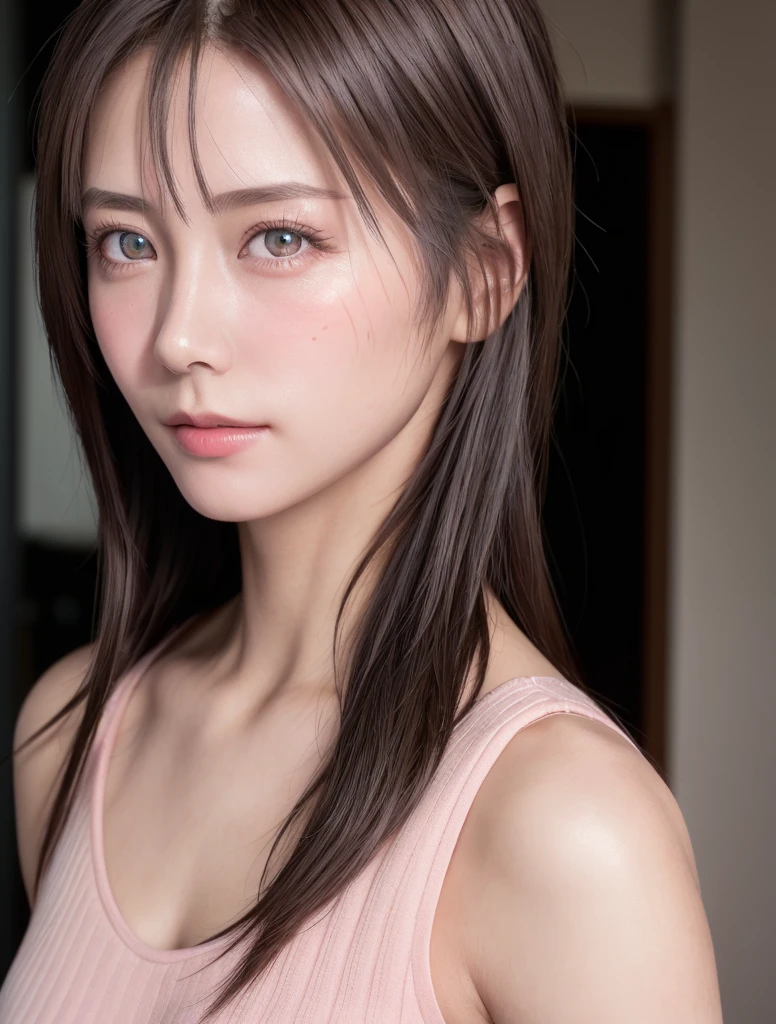 8K, Best Quality, masutepiece, Ultra High Resolution, (Realism: 1.4), Original photo, (Realistic skin texture: 1.3), (Film grain: 1.3), (Selfie angle), 1 girl, Pink clothes, Sapphire eyes and beautiful facial details, masutepiece, Best Quality, close-up, Upper body top quality image quality pull-up