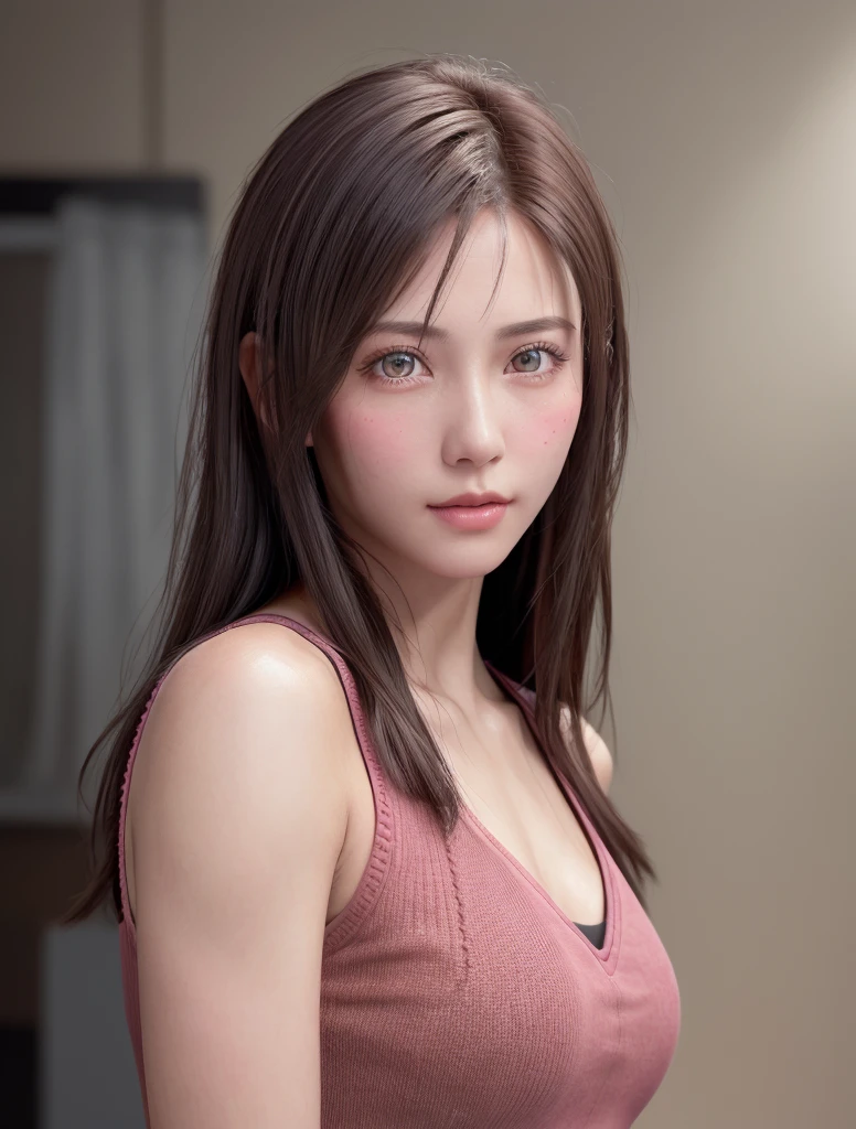 8K, Best Quality, masutepiece, Ultra High Resolution, (Realism: 1.4), Original photo, (Realistic skin texture: 1.3), (Film grain: 1.3), (Selfie angle), 1 girl, Pink clothes, Sapphire eyes and beautiful facial details, masutepiece, Best Quality, close-up, Upper body top quality image quality pull-up
