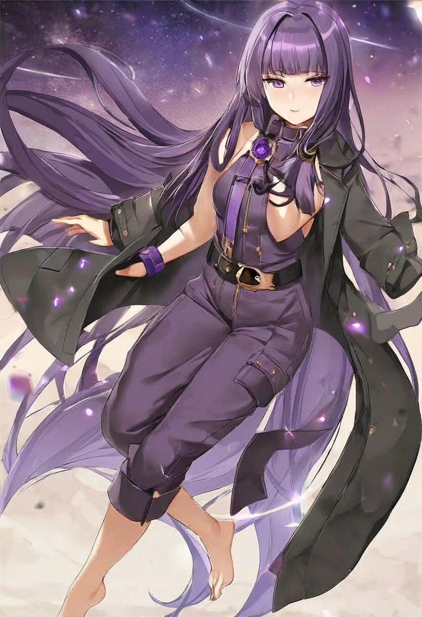 Athena,Extra long purple hair,Purple Eyes,Appearance is that of an adult female,Purple jumpsuit,Black trench coat,There are small purple and gold decorations,The long jumpsuit is very sexy,barefoot,A black hole in the background universe,Purple black hole