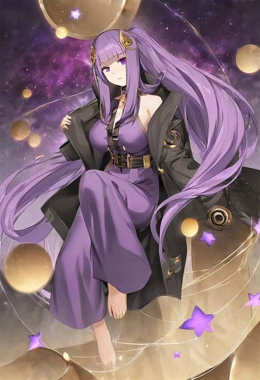 Athena，Extra long purple hair，Purple Eyes，Appearance is that of an adult female，Purple jumpsuit，Black trench coat，There are small purple and gold decorations，The long jumpsuit is very sexy，barefoot，A black hole in the background universe，Purple black hole