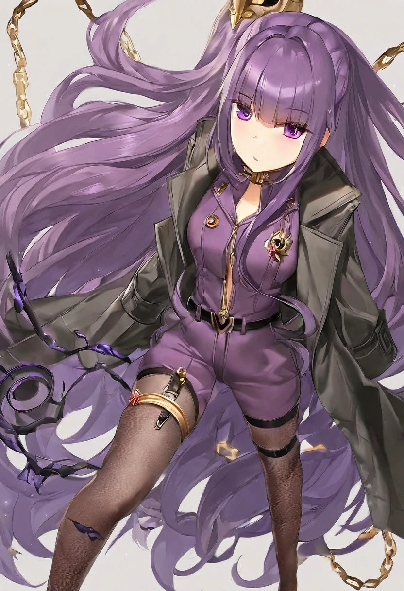 Athena,Extra long purple hair,Purple Eyes,Appearance is that of an adult female,Purple jumpsuit,Black trench coat,There are small purple and gold decorations,The long jumpsuit is very sexy,barefoot,A black hole in the background universe,Purple black hole