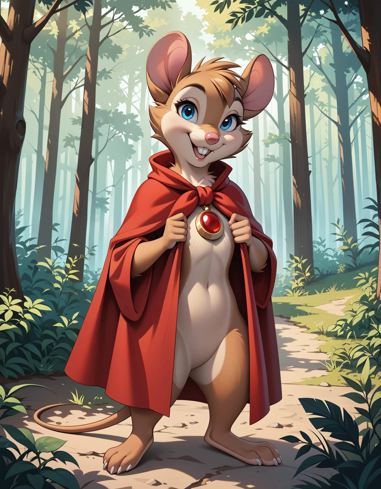 score_9, score_8_up, score_7_up, source_furry, source_safe, best quality, forest, BREAK, 1girl, mrsbrisby_tsonimh, mouse girl, semi-anthro, furry, brown fur, wearing red cape, wearing red pendant, mostly nude, standing, closed mouth, looking at viewer, smile, buck teeth, featureless crotch, featureless chest