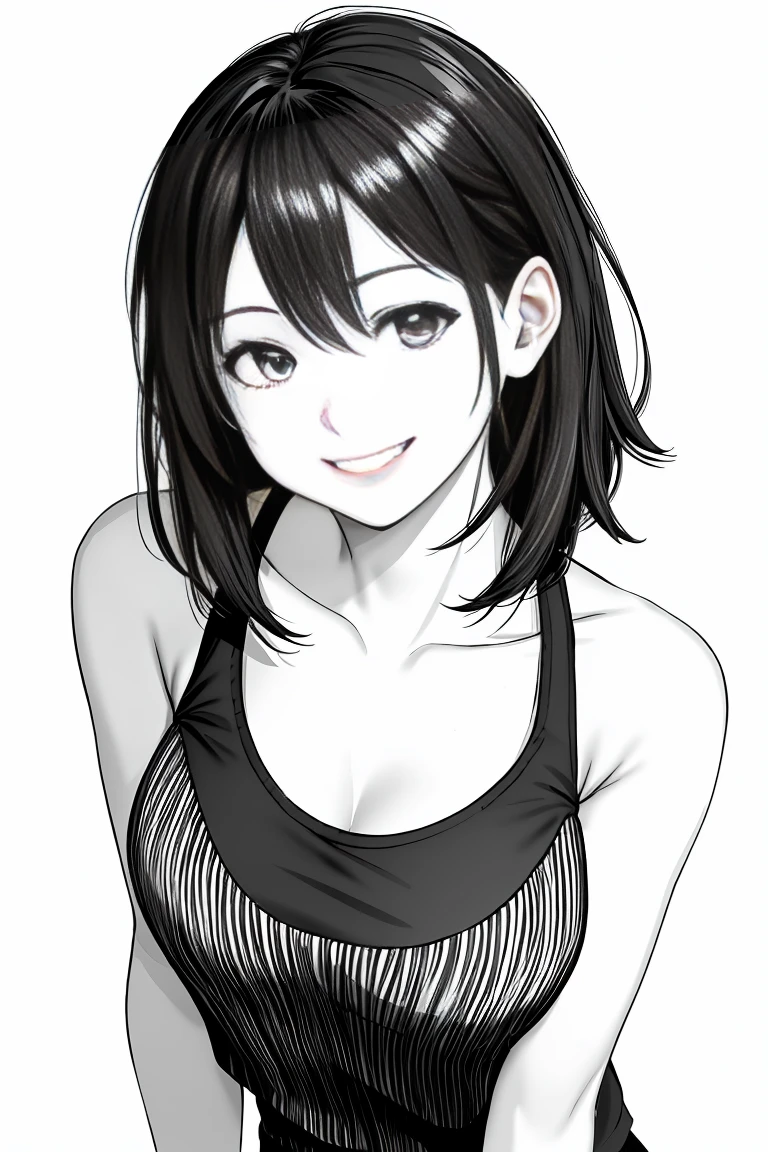 masterpiece,, One girl, alone, short, , tie, White Background, Monochrome, Line art, ((sketch))、Facing forward、Wearing a checked tank top、smile、Teeth are visible、Pulling up bangs