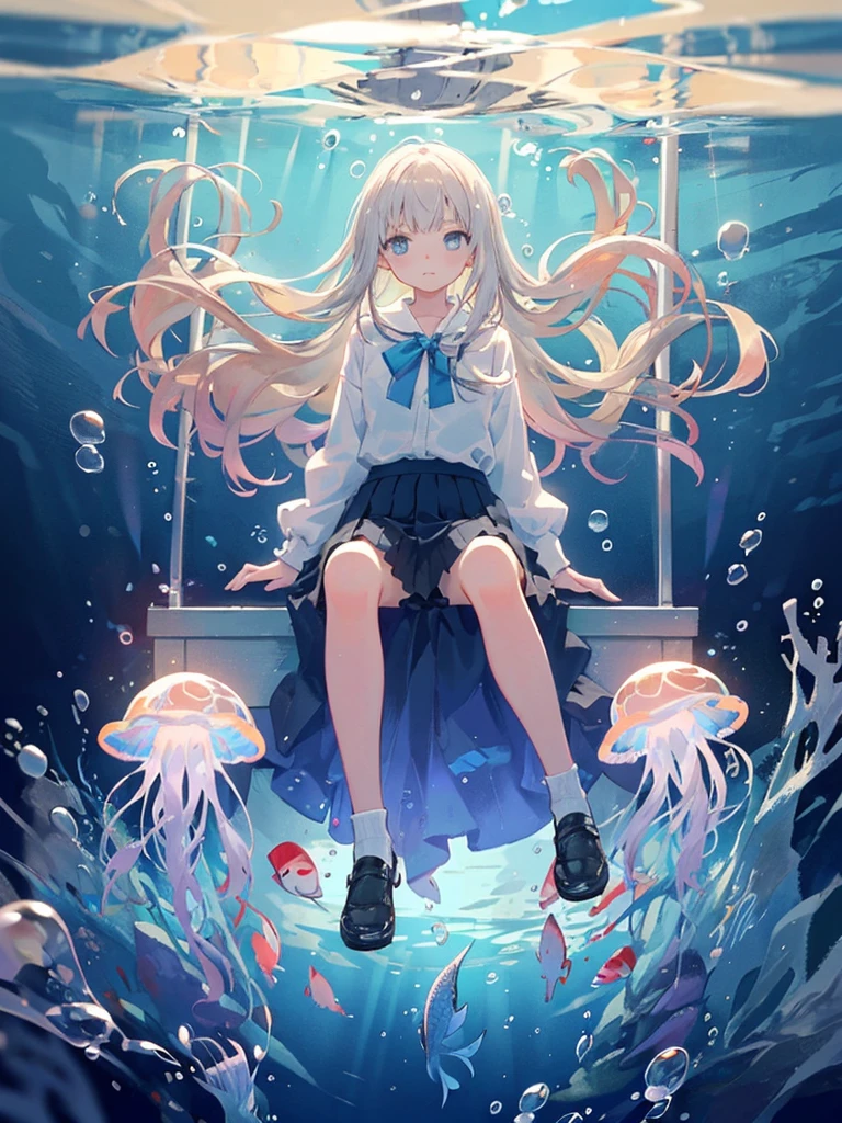 (masterpiece:1.3),(Highest quality:1.2),8K,Confused,ユニティ 8K 壁紙,(Very detailed:1.3),the best,High resolution,wonderful,shape,Beautiful studio soft light,Stunningly beautiful,incredibly Confused,Crisp details,Cinema Lighting,Moody lighting,Pixiv,Award-winning, Professional, Very detailed,Face in perfect detail,、
transportation facilities_Against_window, 1 Girl, alone, Colorful long blonde hair, skirt, Long sleeve, Sitting, , Gray Hair, pleated skirt, shoes, Seraphim, fish, bubble, Blue Theme, (Underwater:1.2), (air bubble:1.3), Inside the train, (Surreal:1.2), (jellyfish:1.2), (whale:1.1),(fish:1.2),Blurred foreground,