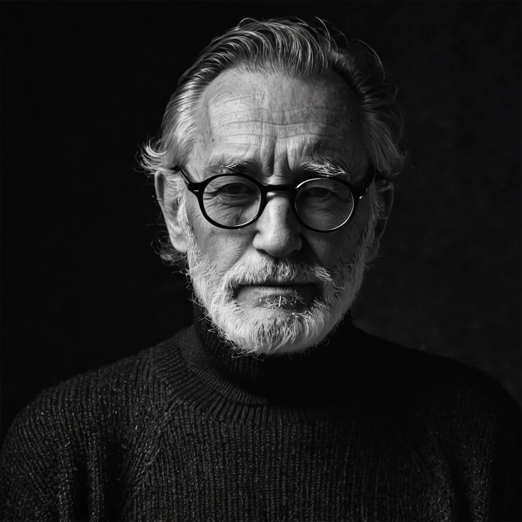 a man receding hairline, two-block side-cut hair, round glasses and sunglasses, half of face in shadow, black turtleneck sweater, scruffy beard, realistic, real stick, masterpiece, monochrome, portrait, deep wrinkles, old man
