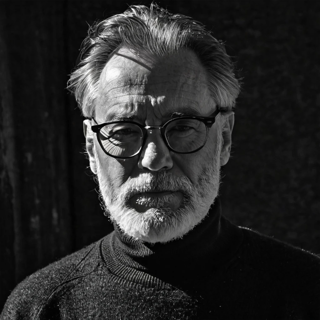 a man receding hairline, two-block side-cut hair, round glasses and sunglasses, half of face in shadow, black turtleneck sweater, scruffy beard, realistic, real stick, masterpiece, monochrome, portrait, deep wrinkles, old man