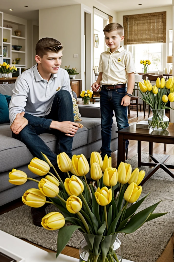 -year-old Verspen looking at a florist catalog in the living room of a house, with a vase of yellow tulips 