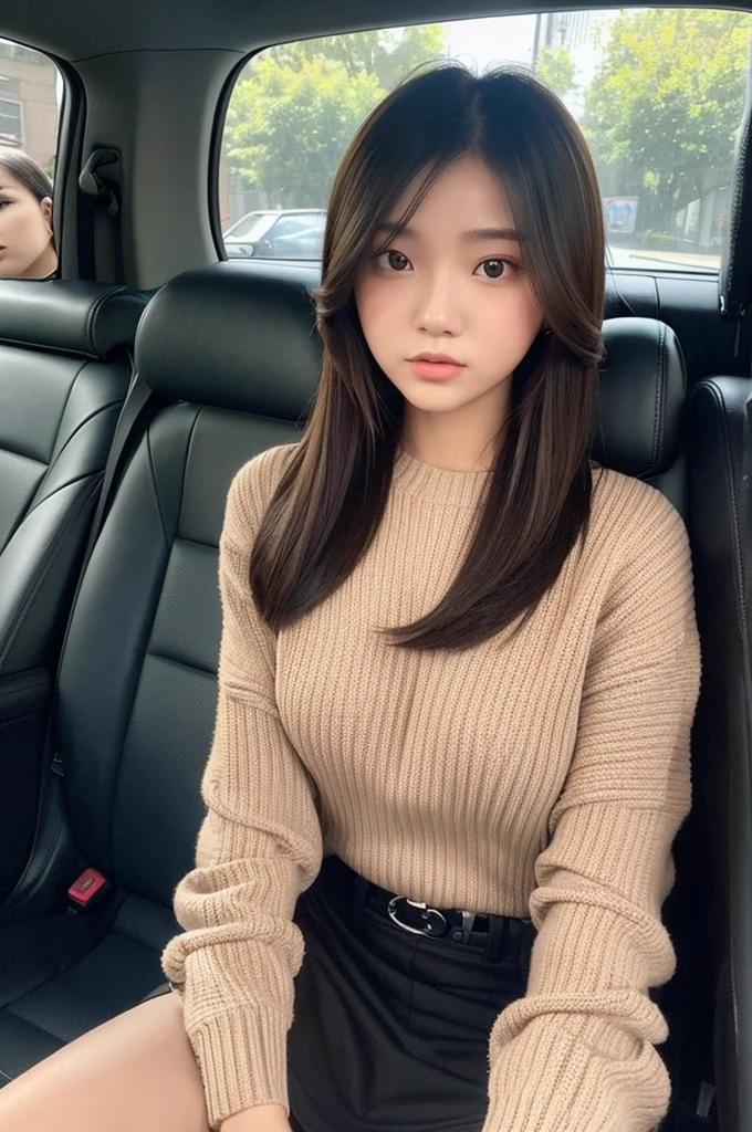 Indonesian girl 19-year-old Hairstyle fashion Casual, F Cup Breasts wearing crewneck dress in car and driving the car with her friend. Her sit at driving seat and her friend sit at passenger seatwhich is next to the driver's seat