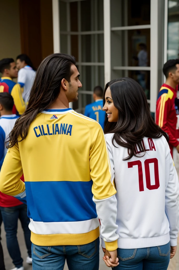 Poster Disney Pixar couple man with Colombia national team sweater with name Alex on the back and long hair woman with Colombia national team sweater with name Elvia on the back watching the soccer game