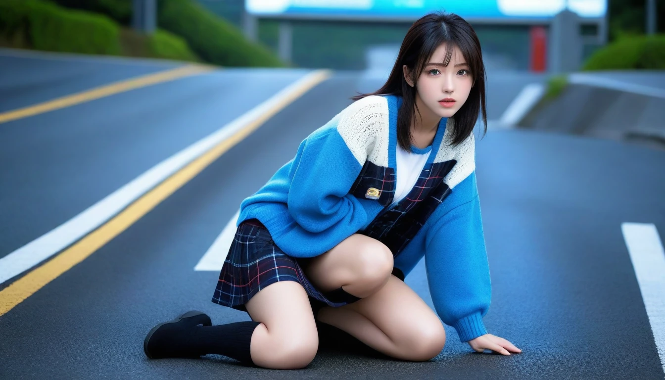 8K, Ultra-high resolution, Highest quality, masterpiece, 三分割法によるphotograph,Surreal, photograph, 1 Girl, (16 years old:1.3), pretty girl, Cute face, Beautiful eyes in every detail, 細かくdetailedに,masterpiece,One Girl:1.2, Japan Female Announcer,whole body,from below,Fearful expression,Black Hair,Messy hair,Cyber city of the near future,Wearing a cardigan sweater on your back、Girl crouching in the middle of the road, Plaid pencil skirt, High socks and black shoes,Beautiful leg line beauty,Realistic Skin, Perfect and beautiful face ,完璧でCute face, Skin with attention to detail, Perfect limbs、Narrow waist、Thin legs),Looking at the audience、beauty,Long neck、(((Ideal body type))),A cup small breasts :2,Portraiture:2,Perfect Anatomy,鮮明なdetailed,detailed,Surreal,Light and shadow,darkness