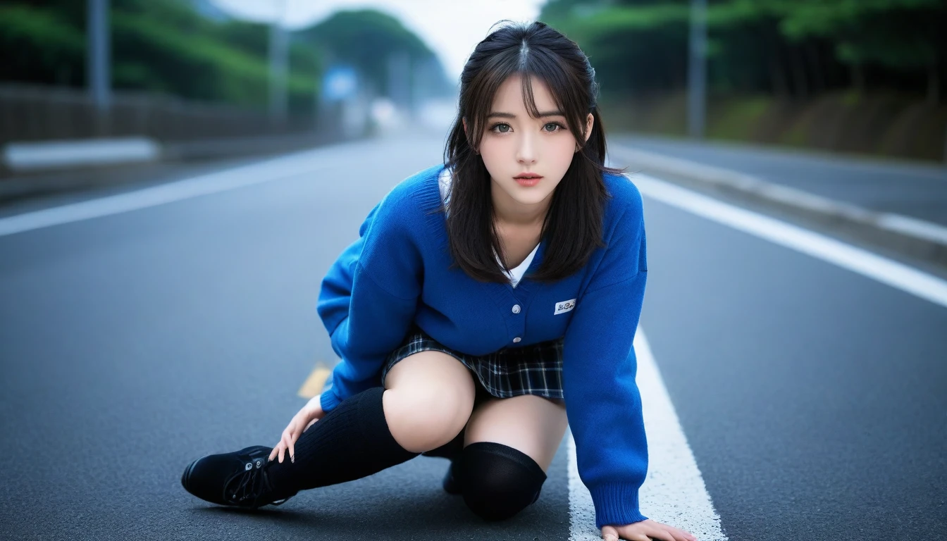 8K, Ultra-high resolution, Highest quality, masterpiece, 三分割法によるphotograph,Surreal, photograph, 1 Girl, (:1.3), pretty girl, Cute face, Beautiful eyes in every detail, 細かくdetailedに,masterpiece,One Girl:1.2, Japan Female Announcer,whole body,from below,Fearful expression,Black Hair,Messy hair,Cyber city of the near future,Wearing a cardigan sweater on your back、Girl crouching in the middle of the road, Plaid pencil skirt, High socks and black shoes,Beautiful leg line beauty,Realistic Skin, Perfect and beautiful face ,完璧でCute face, Skin with attention to detail, Perfect limbs、Narrow waist、Thin legs),Looking at the audience、beauty,Long neck、(((Ideal body type))),A cup small breasts :2,Portraiture:2,Perfect Anatomy,鮮明なdetailed,detailed,Surreal,Light and shadow,darkness