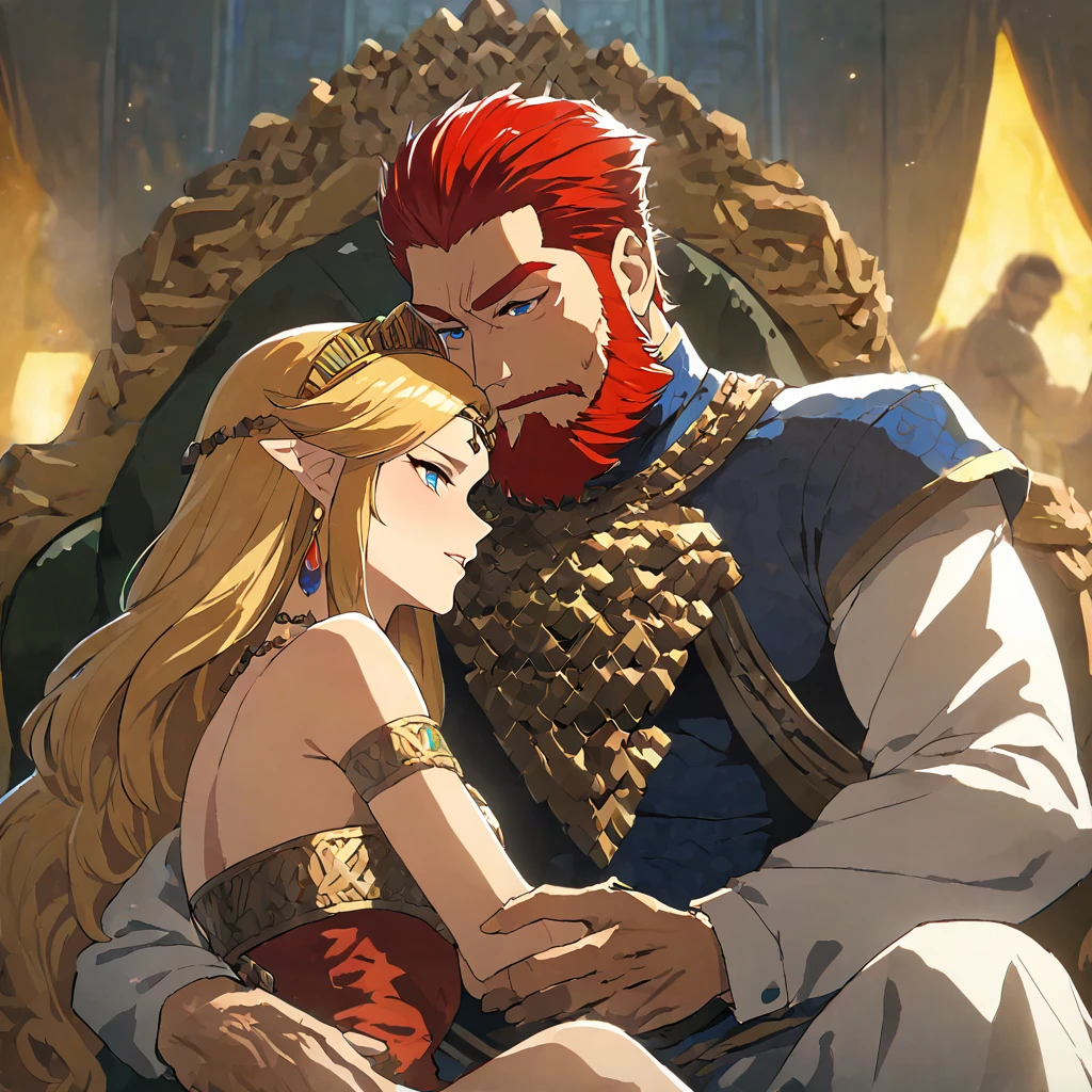 ((Highest quality)), ((masterpiece)), (detailed), (Perfect Face)、The woman is Queen Zelda of the Gerudo tribe, with blonde hair and blue eyes, and is wearing the luxurious dress of the Gerudo queen.、The man is a dignified, middle-aged, bearded, muscular man with red hair and dark skin, King Ganondorf, the king of the Gerudo tribe, and is dressed in the luxurious and barbaric national dress of the Gerudo king.、A man and woman are kissing close together on the luxurious throne of the Gerudo royal family.、A queen and a king in love