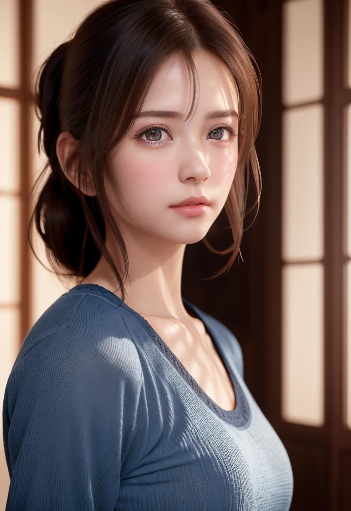 8K, of the highest quality, masutepiece:1.2), (Realistic, Photorealsitic:1.37), of the highest quality, masutepiece, Beautiful young woman, Pensive expression, Gentle eyes, Cute loungewear、full of shyness、Hair tied back, Messy mood, Cinematic background, Light skin tone