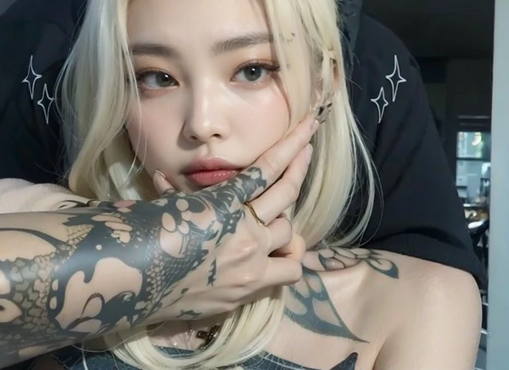 Billie Eilish with her tattooed boyfriend with her tattooed arms around him one of his arms covers her chest and the other holds her face