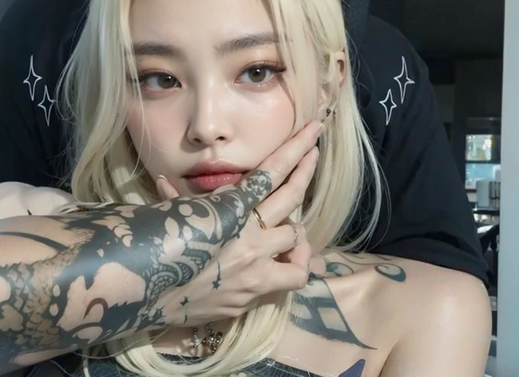 Billie Eilish with her tattooed boyfriend with her tattooed arms around him one of his arms covers her chest and the other holds her face