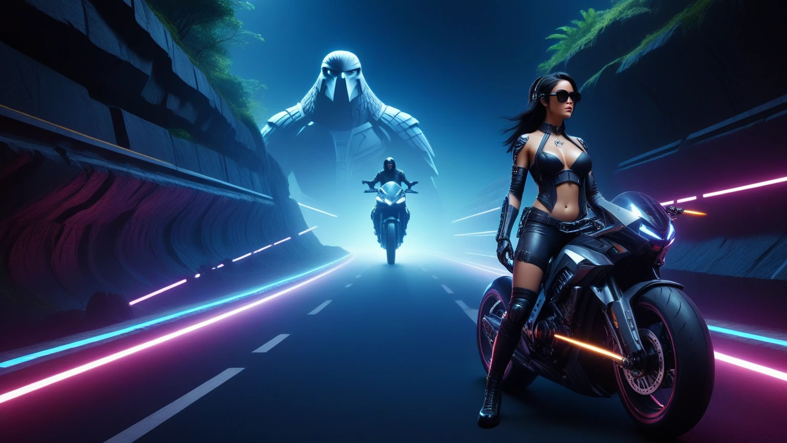 C7b3rp0nkStyle, dark night, prehistoric maze mysterial park, moai statue, waterfall, eagle, cyberpunk, sci-fi, futuristic, tech. (((((1girl, solo, alone, superbiker, close-up superbike shot))))), medium-breast:1.1 slim body, cleavage, sexy clothes, (headphone, black sunglasses, long black realistic hair), (((superbike riding and holding pistol poses))), half-body thigh level medium shot, cinematic lighting, lens flare, ray tracing.