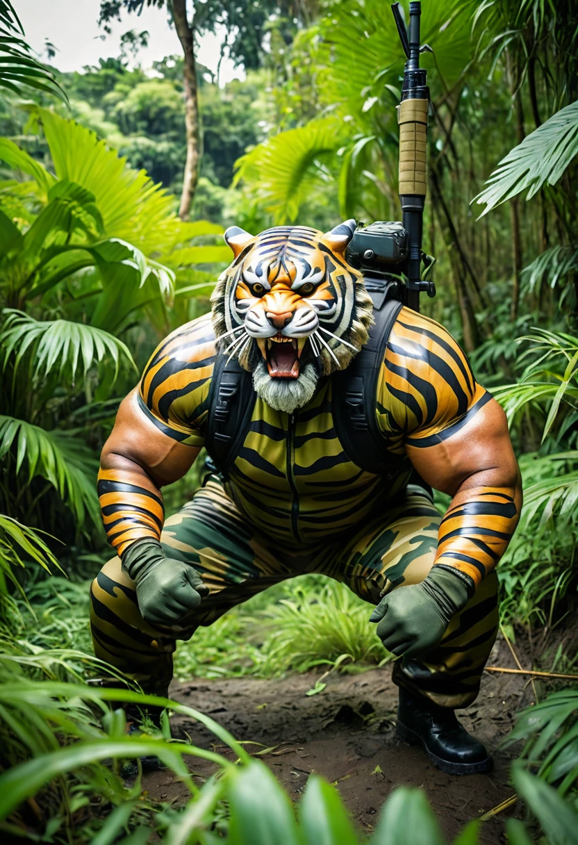 (a dark-skinned bearded fat muscular old man in a bulky army camouflage zipper diver suit), and (wearing realistic roaring siberian tiger mask), wearing army boots, crouching in a jungle and shooting sniper rifle, muscular, imposing stature, toned muscles, Bruce Onobrakpeya, sumatraism, stanley artgermm, action, heroic, fierce, snarling