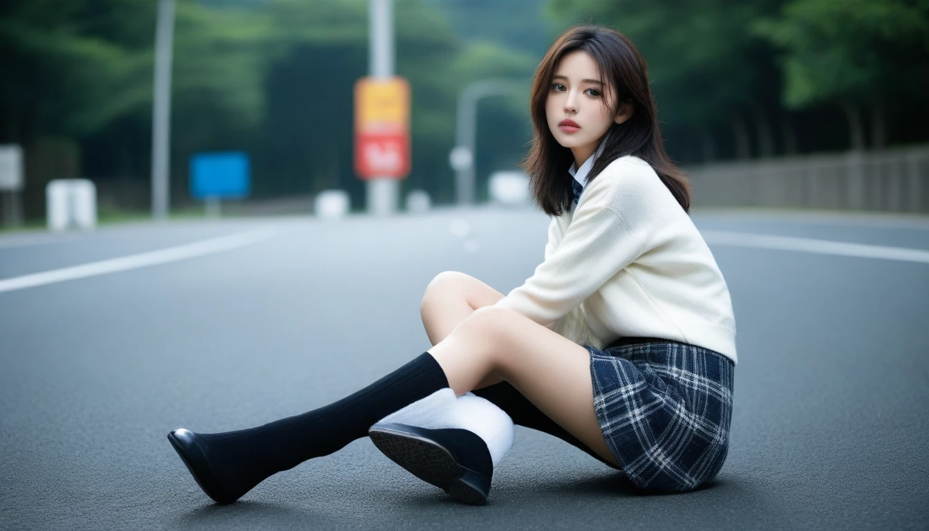 8K, Ultra-high resolution, Highest quality, masterpiece, 三分割法によるphotograph,Surreal, photograph, 1 Girl, (16 years old:1.3), pretty girl, Cute face, Beautiful eyes in every detail, 細かくdetailedに,masterpiece,One Girl:1.2, Japan Female Announcer,whole body,from below,Fearful expression,Black Hair,Messy hair,Cyber city of the near future,Wearing a cardigan sweater on your back、Girl crouching in the middle of the road, Plaid pencil skirt, High socks and black shoes,Beautiful leg line beauty,Realistic Skin, Perfect and beautiful face ,完璧でCute face, Skin with attention to detail, Perfect limbs、Narrow waist、Thin legs),Looking at the audience、beauty,Long neck、(((Ideal body type))),A cup small breasts :2,Portraiture:2,Perfect Anatomy,鮮明なdetailed,detailed,Surreal,Light and shadow,darkness